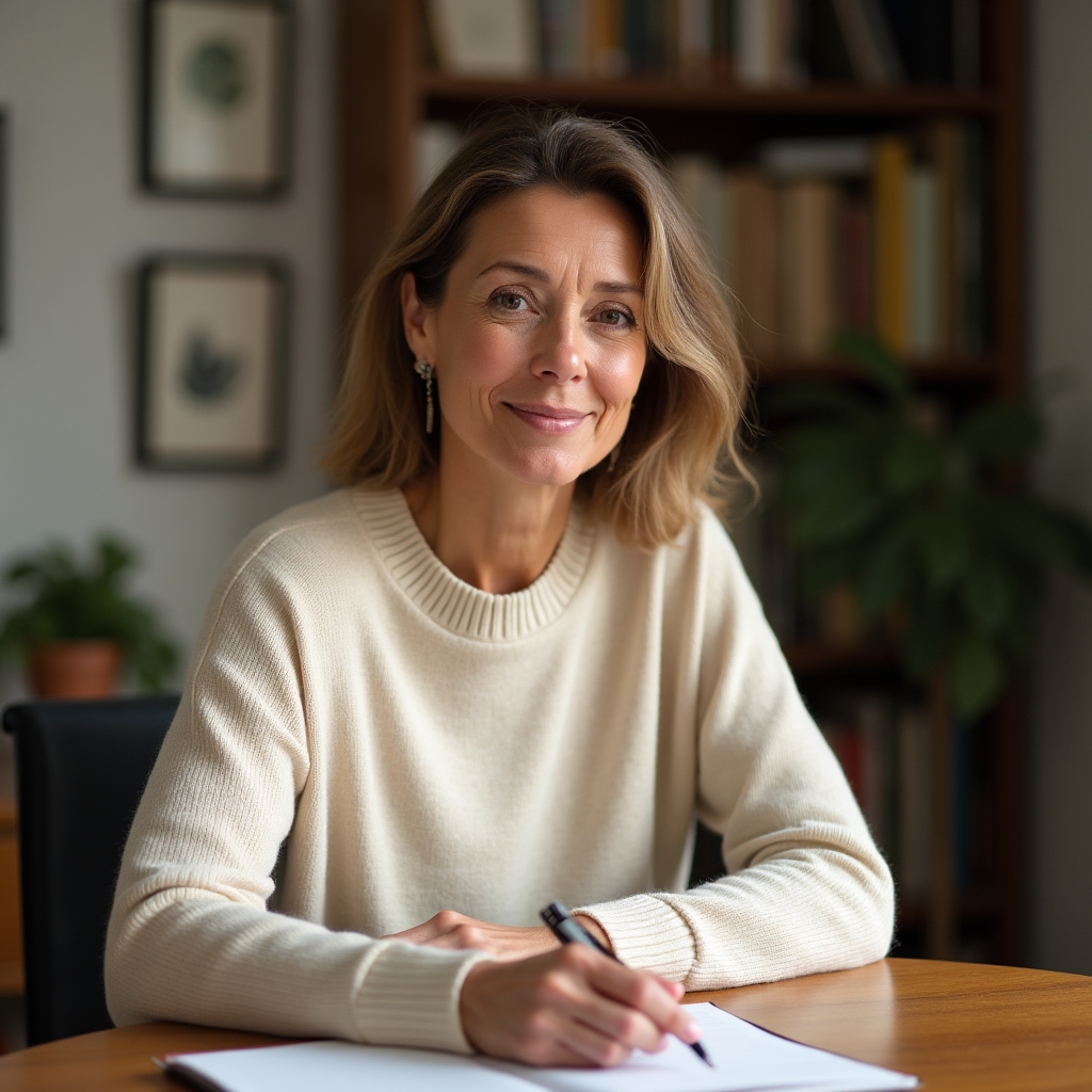 Žena středního věku sedící u pracovního stolu s knihami v domácí pracovně, klidný výraz