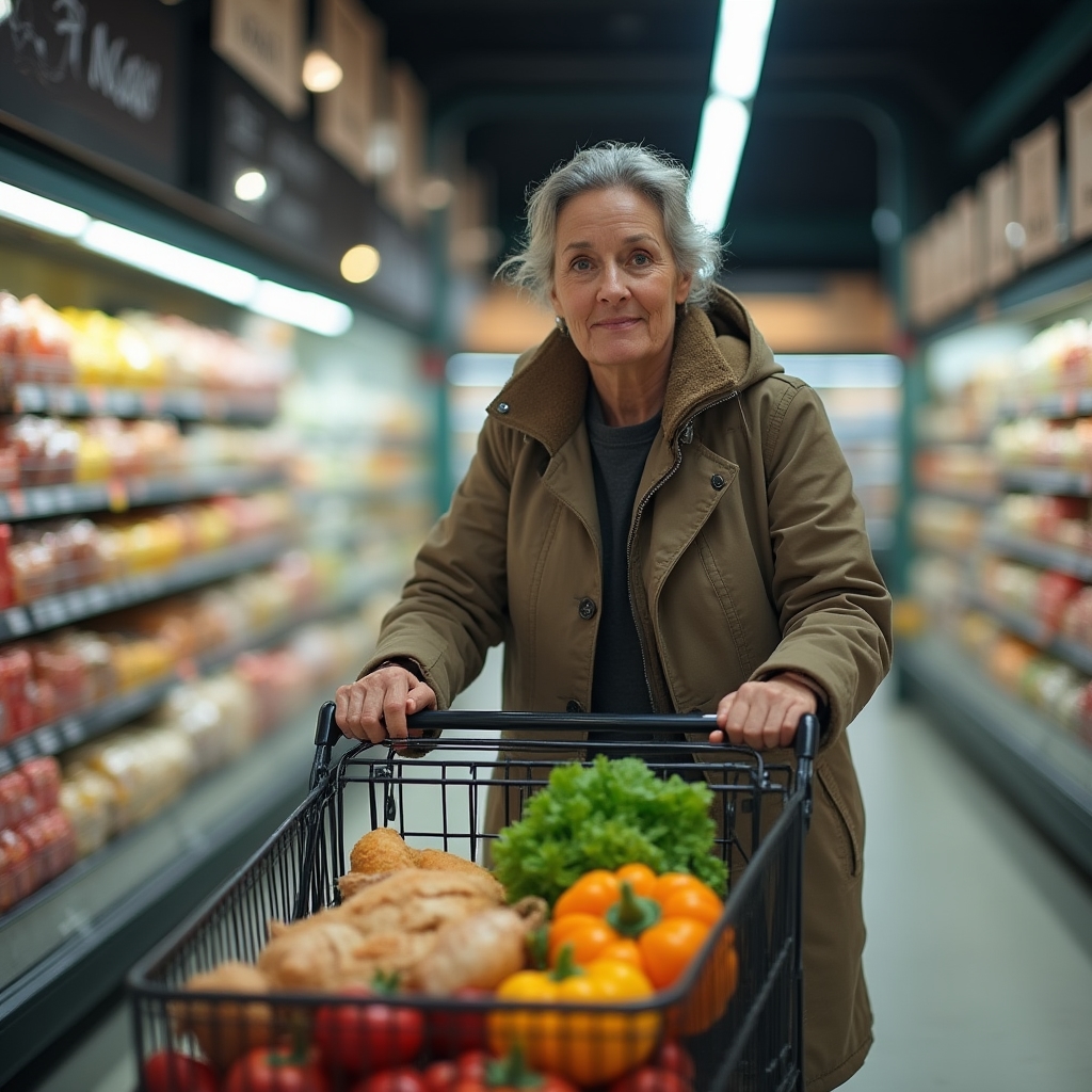 Nákupní košík s čerstvými potravinami v uličce českého supermarketu